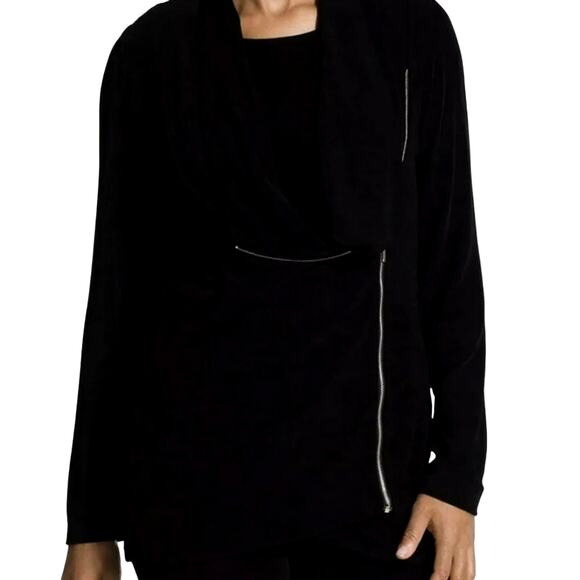 TRAVELERS BY CHICO'S Medium‎ Black Moto Jacket Asymmetrical Wrap Zipper Sweater - Picture 1 of 10